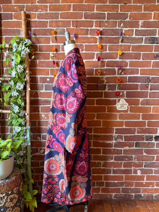 Purple Orange Paisley Mandala Long Tapestry Robe Kimono w/ Pockets + Belt - Fair Trade Made