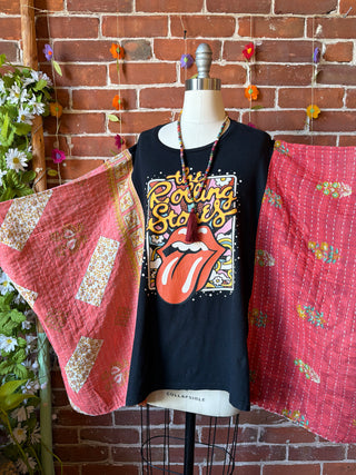 OOAK Summer Collection- Upcycled Rolling Stones Kantha Poncho Tee
