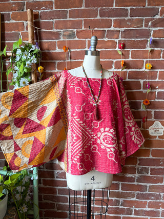 OOAK Spring Collection - Reversible Cosmic Drift Kantha Poncho Top - 2 Tops in 1!