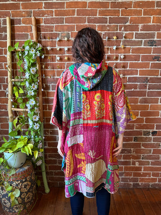 Sierra Dreams Patchwork Upcycled Cotton Kantha Poncho Tunic Hoodie