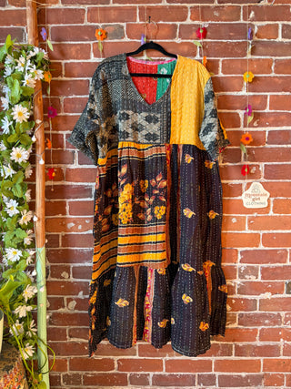 Coffee In The Morning Kantha Dress - Fits up to 3X - 100% Cotton- Fair Trade Made
