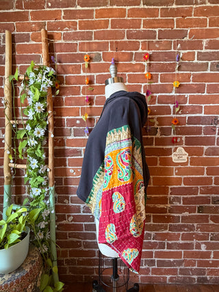 OOAK Summer Collection- Upcycled Kantha Ruched Detail Cropped Hoodie Poncho