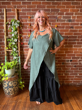 Nomad Linen Split Maxi Top -Moss- Made in Italy