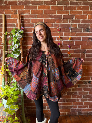 Autumn Earth Tones Patchwork Upcycled Cotton Hoodie Poncho Cape- Fair Trade Made