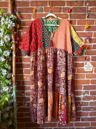 Coffee In The Morning Kantha Dress - Fits up to 3X - 100% Cotton- Fair Trade Made