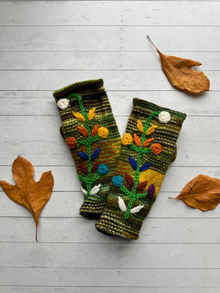 Floral Vine Fleece Lined Wool Handwarmers / Fingerless Gloves
