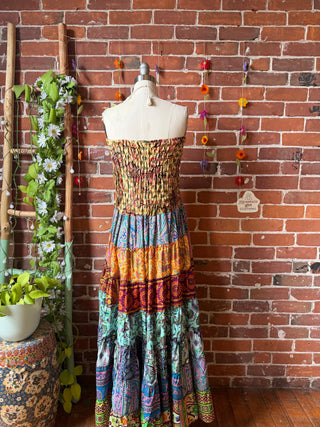 Sunlit Grove Tiered Patchwork Hi Lo Recycled Sari Dress