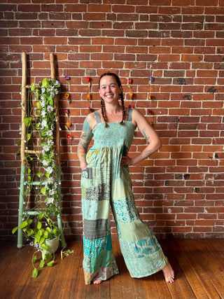 Aquarius Patchwork Flowy Wide Leg Jumpsuit Blue Teal Green
