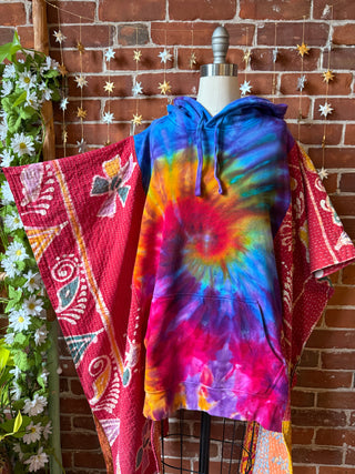 Soul Shine Maine X Mountain Girl Collab OOAK Upcycled Tie Dye Kantha Hi Lo Hoodie