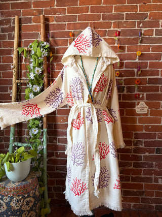 Coral Pattern 100% Cotton Hoodie Kimono Robe  - Fair Trade Made