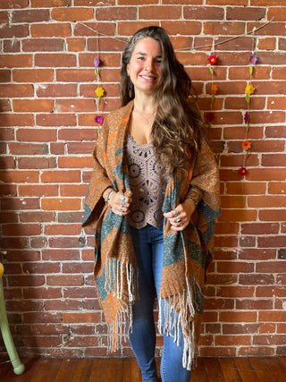 The Softest Farmers Market Fringe Poncho - Brown/Orange/Teal