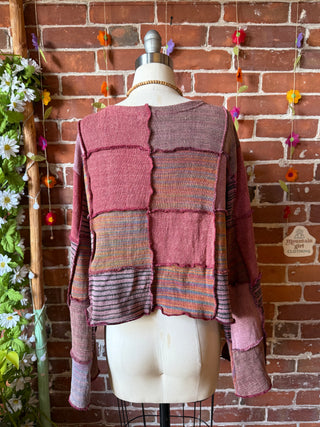 Moon Catcher Patchwork Knit Bell Sleeve Cropped Wrap Sweater - 100% Cotton - Fair Trade Made