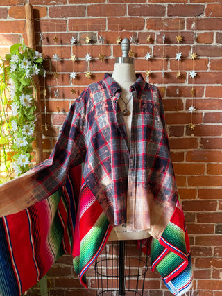 OOAK Winter Collection- Birdsong Rainbow Blanket + Bleach Plaid Button Up Wing Style Poncho Jacket