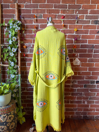 Soft Lime Evil Eye 100% Cotton Kimono Robe  - Fair Trade Made