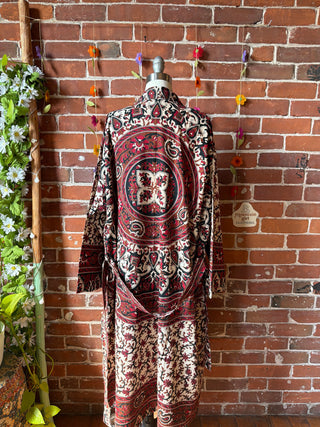 Red Black Brown Mandala Long Tapestry Robe Kimono with Pockets and Belt