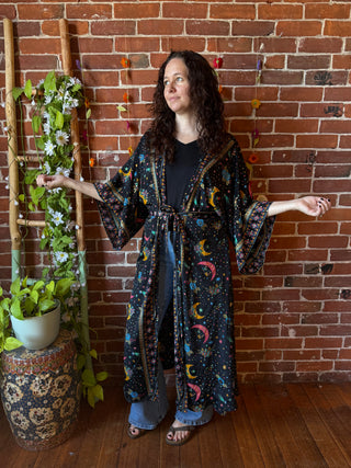 Silk Long Celestial Print Goddes Kimono -Moon Sun + Stars - Two Colors