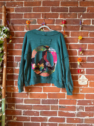 OOAK Summer Collection - Upcycled Peace Sign Patch Patchwork Cardigan Sweater 🌼