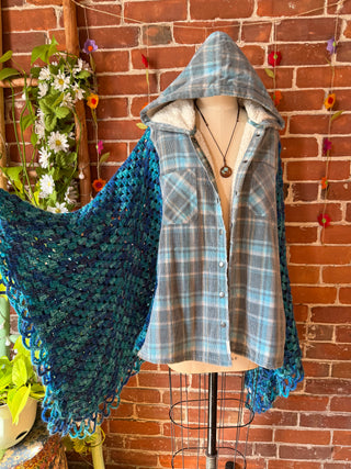 OOAK Autumn Collection- Upcycled Crochet + Fleece Plaid Hoodie Poncho Jacket