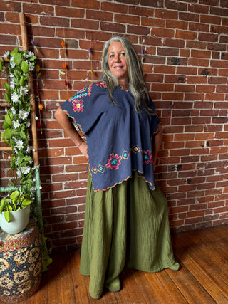 The Wandering Bloom Layer - Navy - Upcycled V-neck Embroidered Poncho