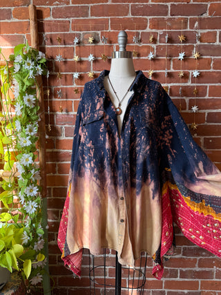 OOAK Winter Collection- Birdsong Kantha + Bleach Plaid Button Up Wing Style Poncho Jacket