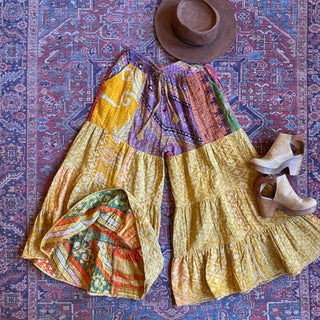 Spring Blooms Reversible Kantha Wide Leg Tiered Palazzo Pants