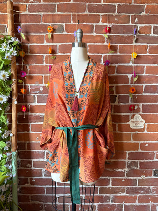 Summer Dreams 100% Sari Silk Short Robe Kimono w/ Pockets + Belt - Fair Trade Made
