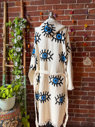 Evil Eye Blue 100% Cotton Hoodie Kimono Robe  - Fair Trade Made