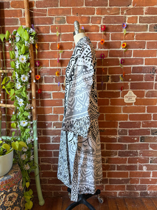 Black + White Mandala Long Tapestry Robe Kimono w/ Pockets + Belt - Fair Trade Made