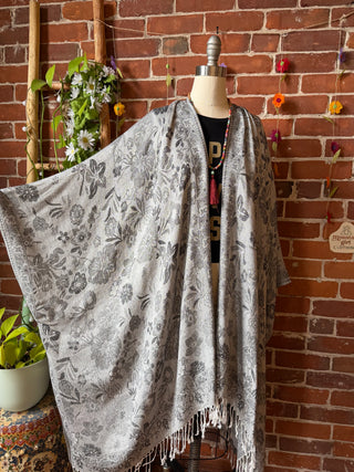 Gray Sky Goddess Flowy Woven Fringe Kimono Ruana - Made In Canada