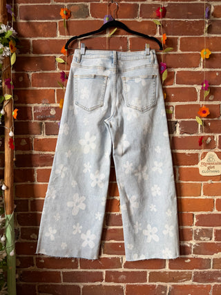 OOAK Summer Collection- Patchwork Butterfly Upcycled Cropped Wide Leg Daisy Print Jeans Size 7/28