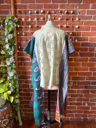 OOAK Autumn Collection - Upcycled Eyelet Button Up Hi Lo Kantha Poncho Top