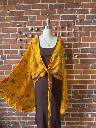 Golden Yellow Sun, Moon + Stars Celestial Cropped Bell Sleeve Wrap Top