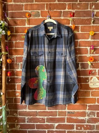 OOAK Autumn Collection- Unisex Size Upcycled Kantha Detail Button Up Plaid "No Bad Days"