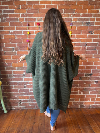 Moss Green Chunky Knit Soft Poncho With Pockets