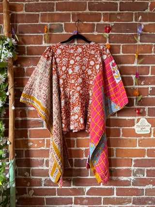 OOAK Autumn Collection- Upcycled Block Print Kantha Hi Lo Poncho Top