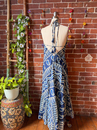 Size Small-Medium Blue Meadow Mosaic 100% Cotton Halter Dress - Fair Trade Made