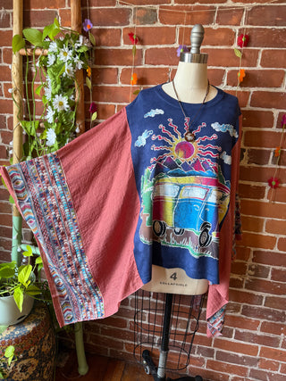 Hippie Festival Bus Inspired Batik Embroidered Poncho
