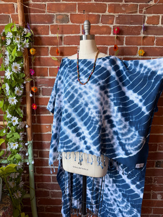 Indigo Sky Fringe Tie Dye Hi Lo Poncho Coverup Tunic Top- 100% Cotton