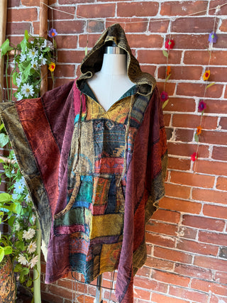 Juniper Patchwork Poncho Hoodie- Maroon Brown/ Earth Tones