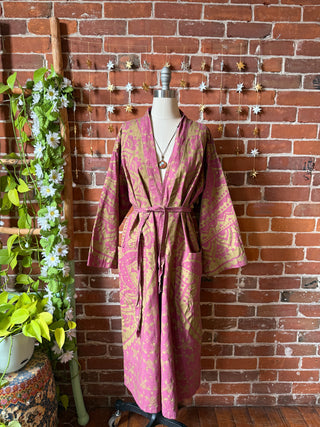 Gold + Dark Mauve Mandala Long Tapestry Robe Kimono with Pockets and Belt - Fair Trade Made