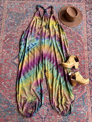 Ophelia Festival Season Tie Dye Jumpsuit / Overalls -Green Rainbow - Final Sale