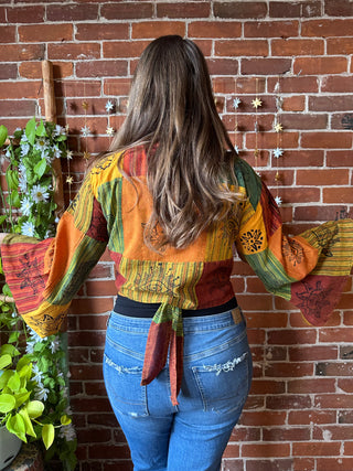 Organic Cotton Earth Print Patchwork Cropped Bell Sleeve Wrap Top