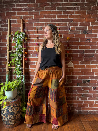 Cotton Autumn Earth Print Patchwork Wide Leg Lounge Pants - Fair Trade Made