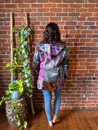Autumn Stroll Tie Dye Fleece Lined Patchwork Hoodie Jacket