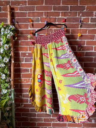 Coffee In The Morning Kantha Ruffle Wide Leg Lounge Pants - Fits up to 2X - Fair Trade Made