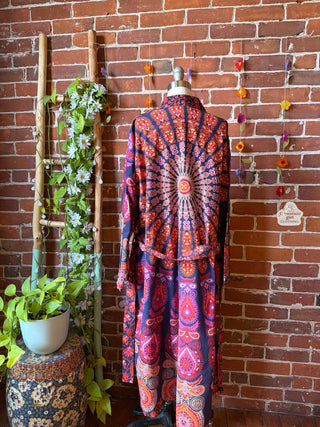 Purple Orange Paisley Mandala Long Tapestry Robe Kimono w/ Pockets + Belt - Fair Trade Made