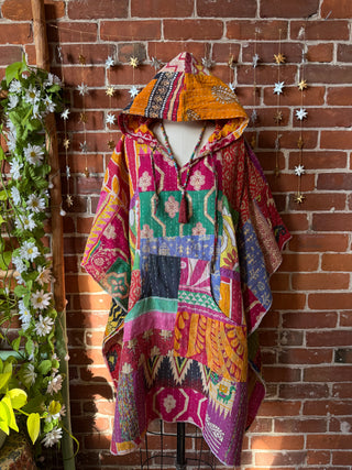 Sierra Dreams Patchwork Upcycled Cotton Kantha Poncho Tunic Hoodie