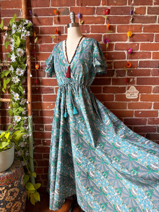 Size Small-Medium Blue Meadow Mosaic 100% Cotton Short Sleeve Dress - Fair Trade Made