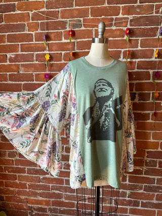 Willie Nelson Inspired Botanical Flowy Bell Sleeve Top