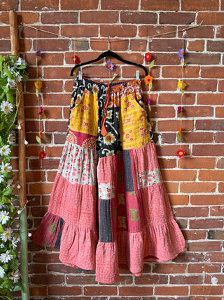 Spring Blooms Reversible Kantha Wide Leg Tiered Palazzo Pants